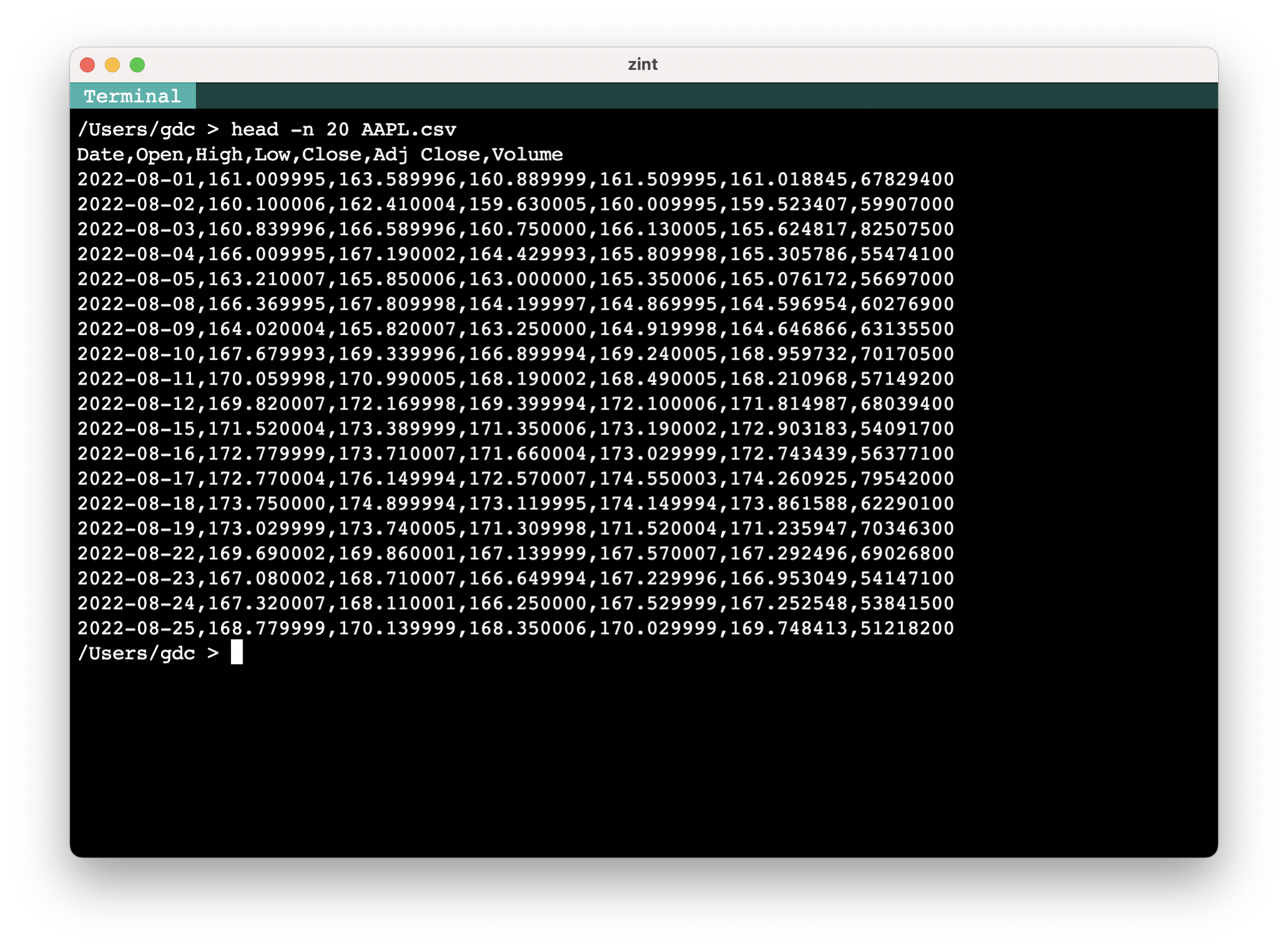 normal terminal command : cat AAPL.csv